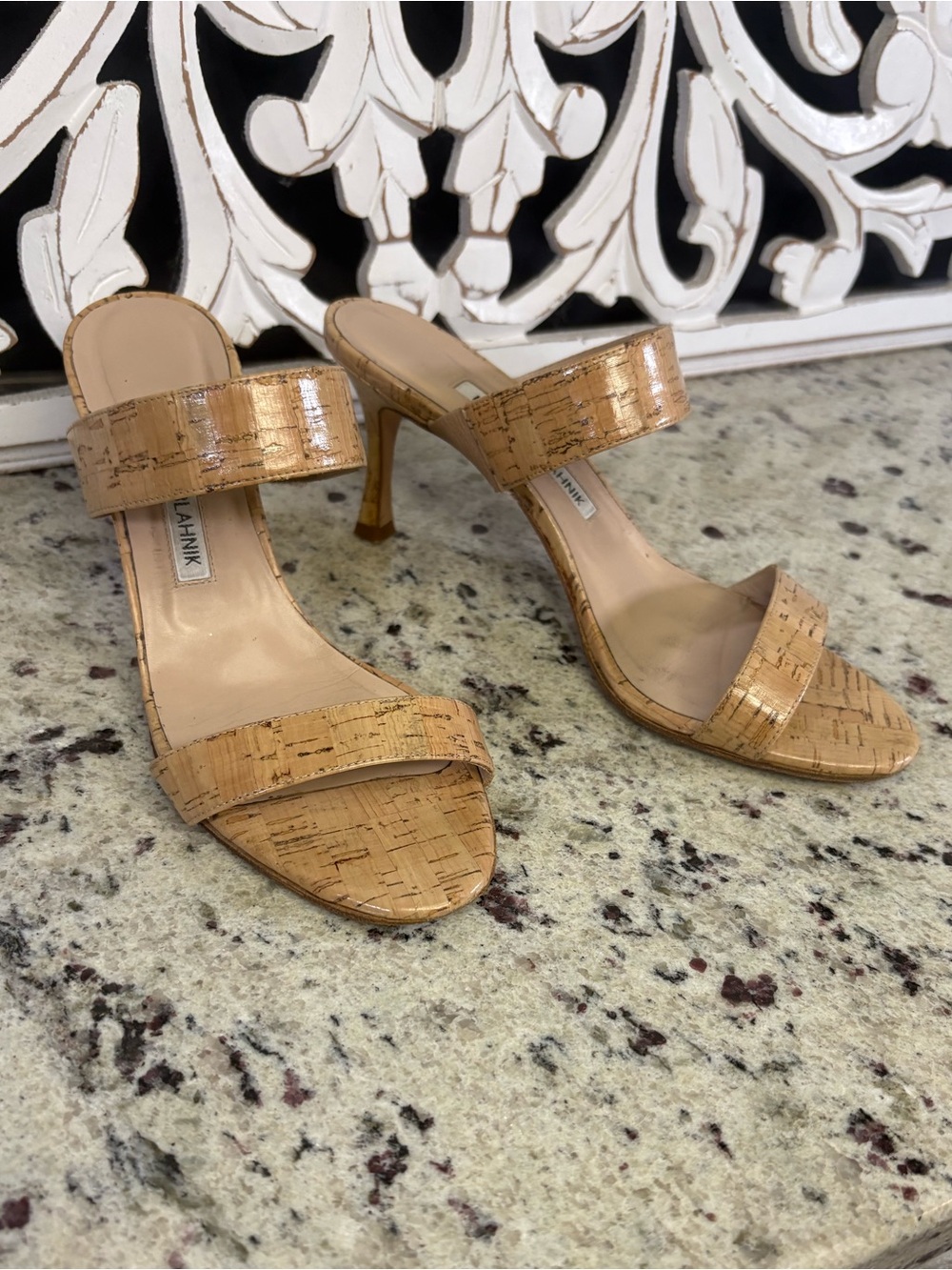 Manolo Blahnik Cork Strap Patent Finish Heeled Sandals in Tan Size 37.5